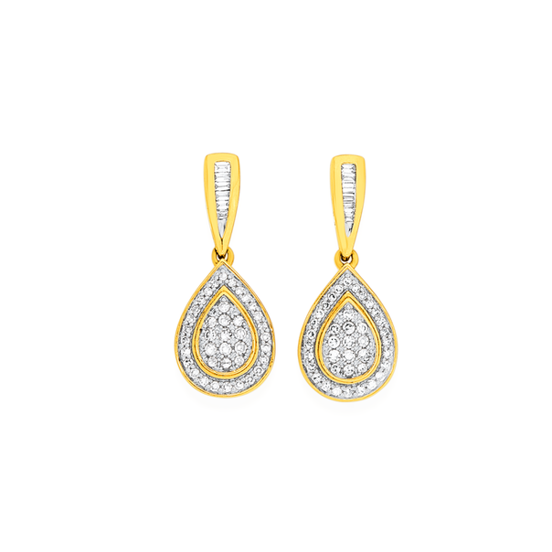 9ct Gold Diamond Cluster Pear Shape Drop Earrings