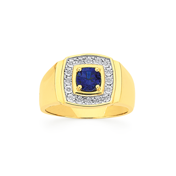 9ct Gold Diamond Created Sapphire Gents Ring in Blue Prouds