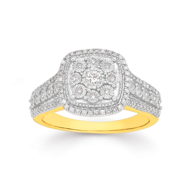 9ct Gold, Diamond Cushion Shape Dress Ring