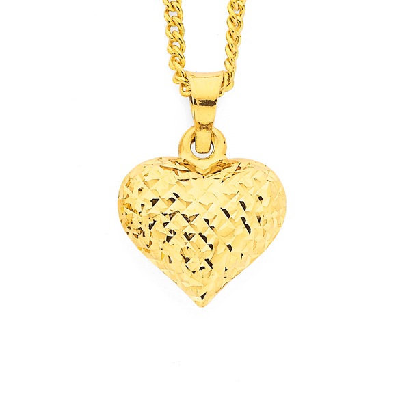 9ct Gold Diamond-cut Puff Heart Pendant