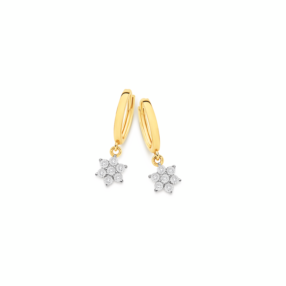 9ct Gold Diamond Flower Cluster Drop Huggie Earrings