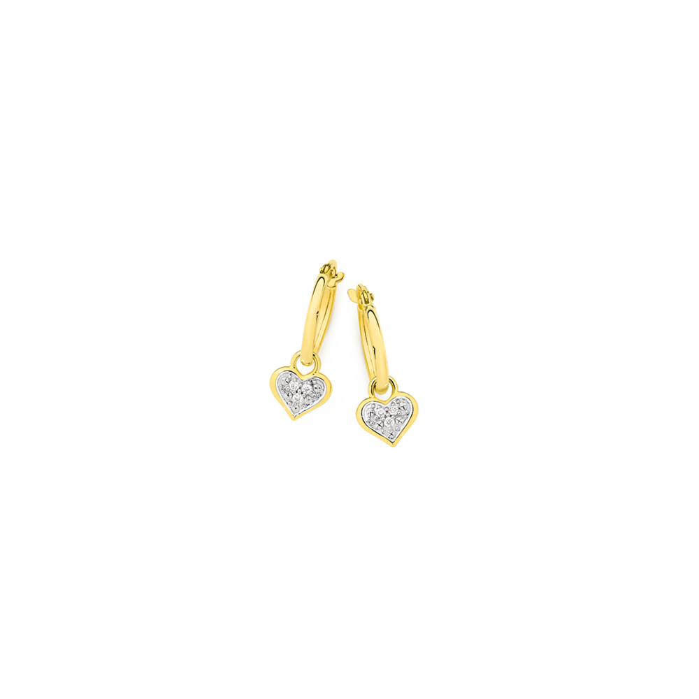 9ct Gold Diamond Heart Drop Hoop Earrings