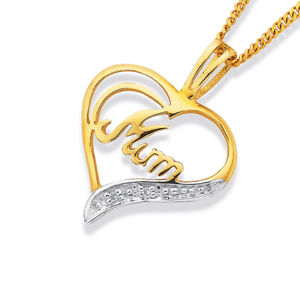 9ct Gold, Diamond Heart 'Mum' Pendant