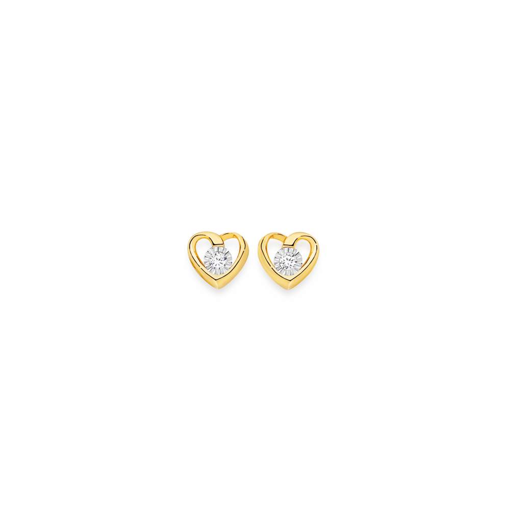 9ct Gold Diamond Heart Stud Earrings