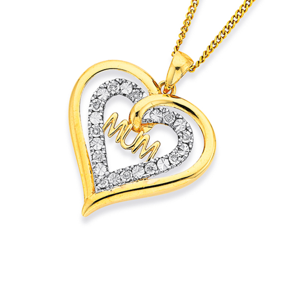 SPARKLD 9ct Yellow Gold 0.05ct Diamond Mum Heart Pendant Necklace - Sparkld  from Personal Jewellery Service UK