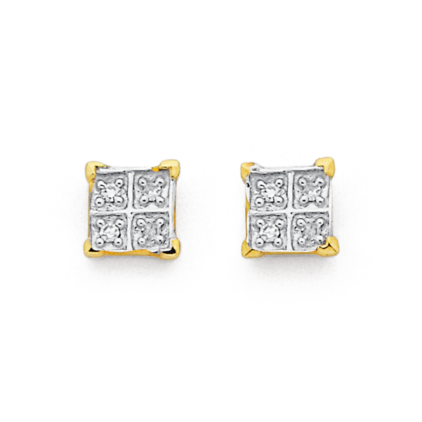 9ct Gold, Diamond Square Shape Stud Earrings