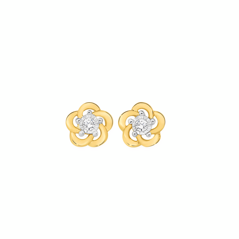 9ct Gold Diamond Swirl Flower Stud Earrings