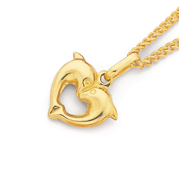 9ct Gold Double Dolphin Heart Pendant