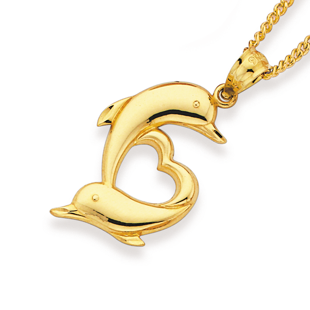 9ct Gold Double Dolphin Heart Pendant Prouds