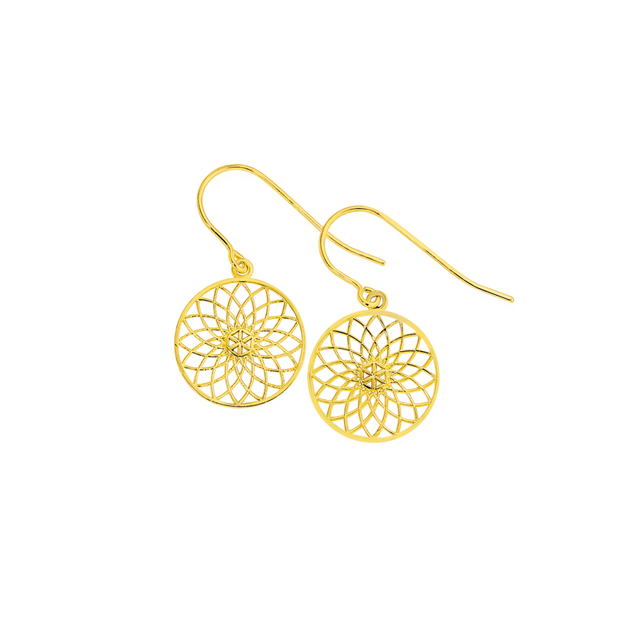 9ct Gold Flower Mandala Hook Drop Earrings | Prouds
