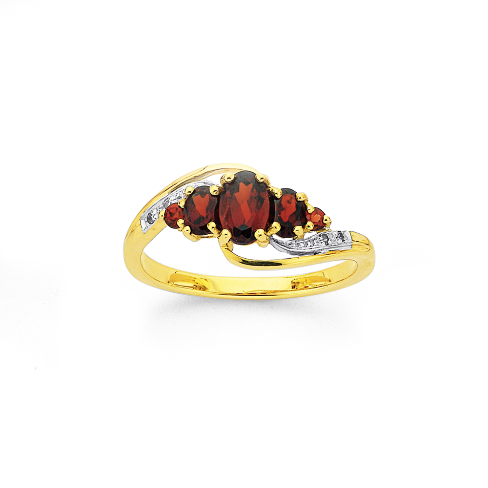9ct Gold Garnet Diamond Swirl Ring in Red Prouds