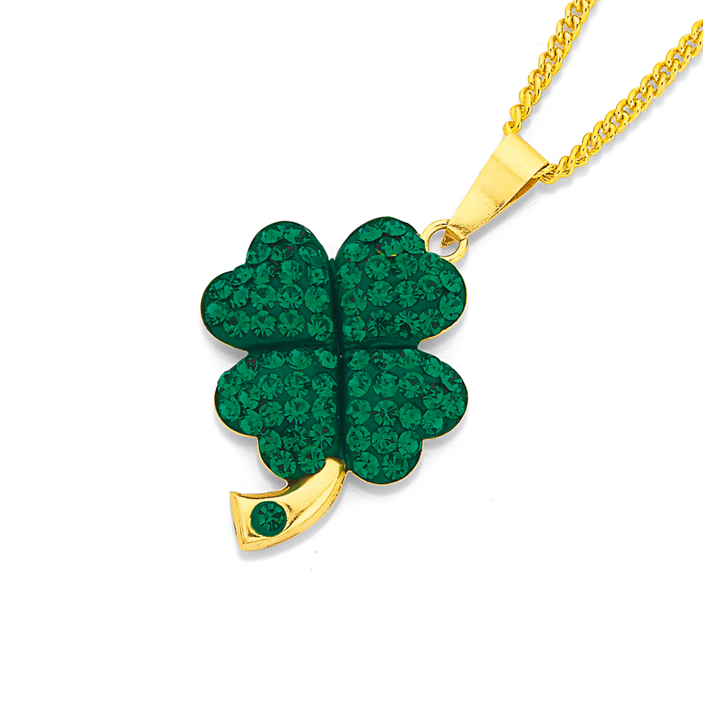 9ct Gold, Green Crystal 4 Leaf Clover Pendant in Green