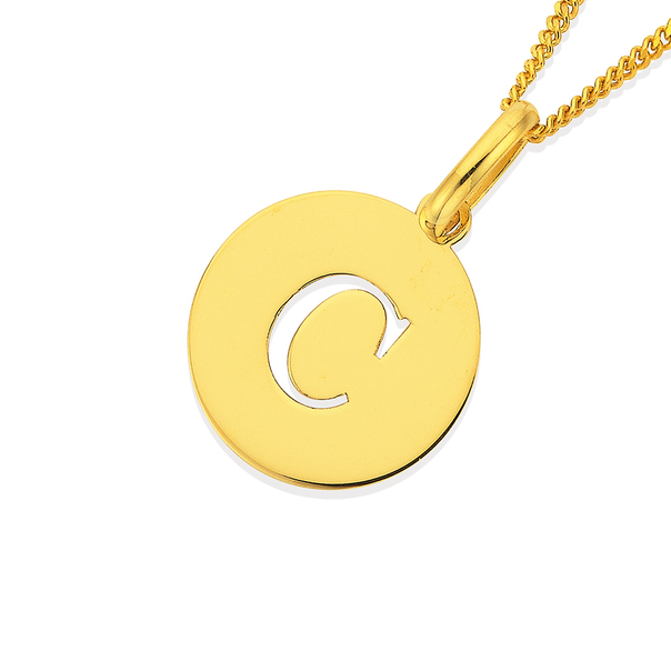 9ct Gold Initial 'C' Serif Style Round Disc Pendant