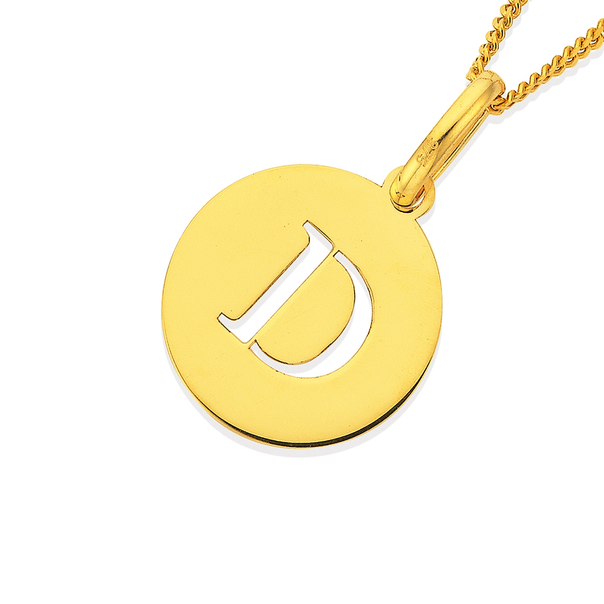 9ct Gold Initial 'D' Serif Style Round Disc Pendant