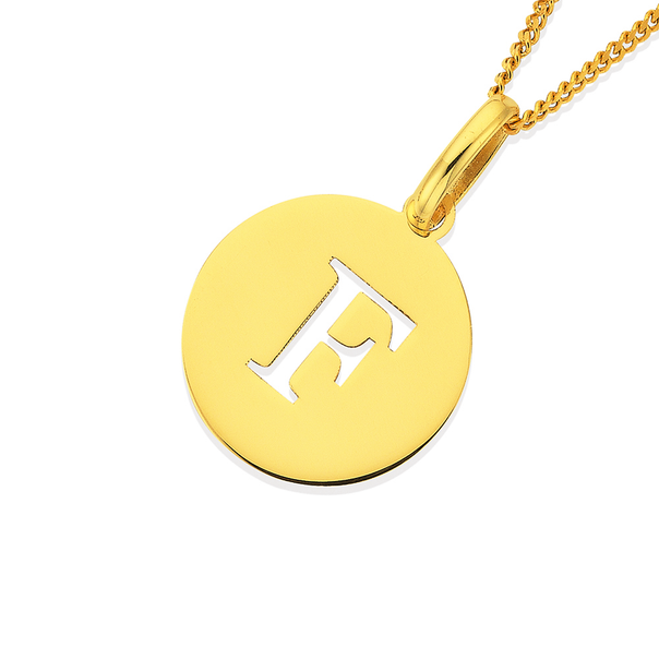 9ct Gold Initial 'F' Serif Style Round Disc Pendant