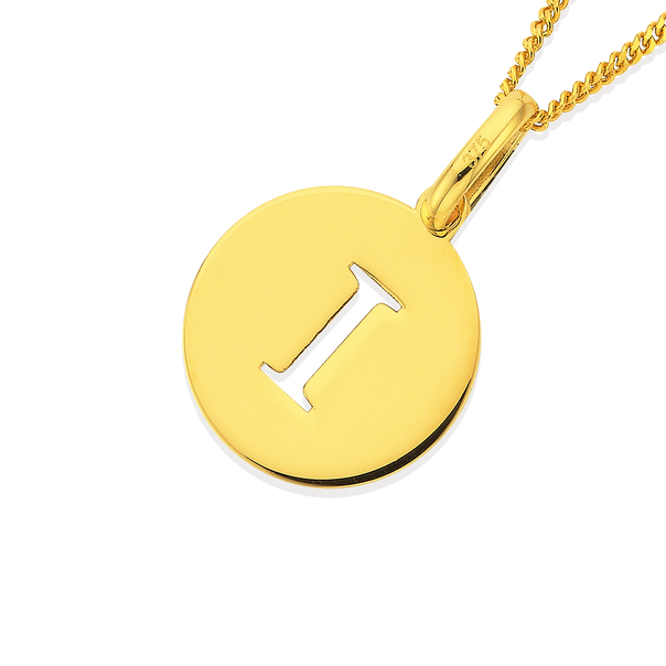 9ct Gold Initial 'I' Serif Style Round Disc Pendant