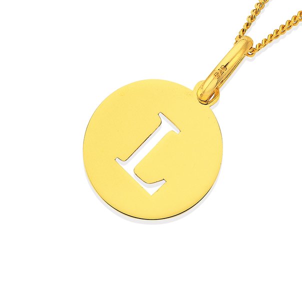 9ct Gold Initial 'L' Serif Style Round Disc Pendant