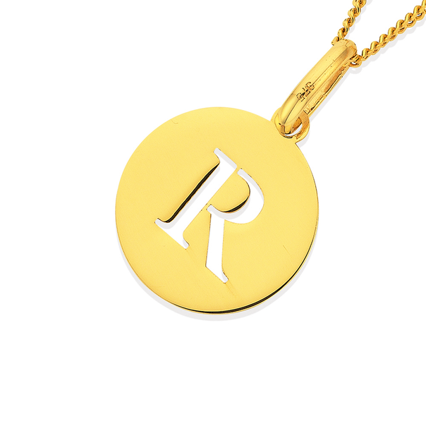 9ct Gold Initial 'R' Serif Style Round Disc Pendant