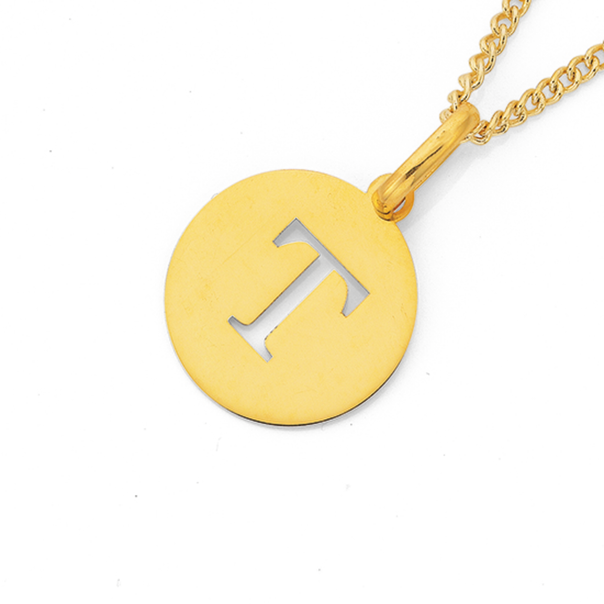 9ct Gold Initial 'T' Serif Style Round Disc Pendant