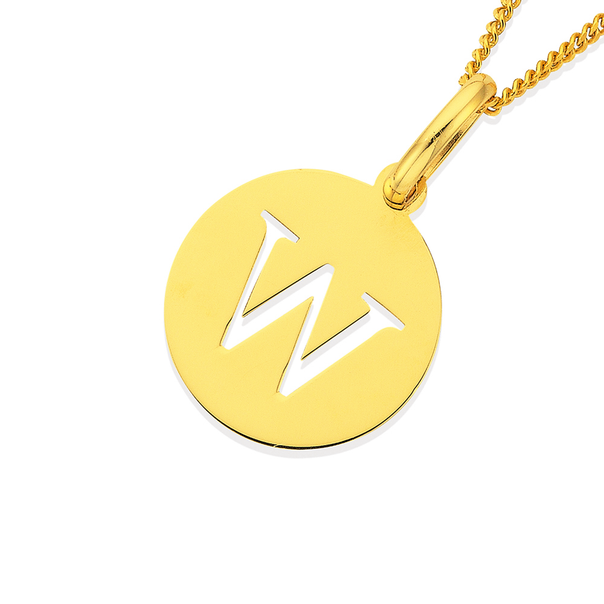 9ct Gold Initial 'W' Serif Style Round Disc Pendant