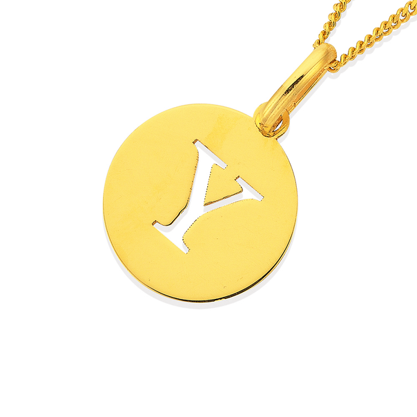 9ct Gold Initial 'Y' Serif Style Round Disc Pendant