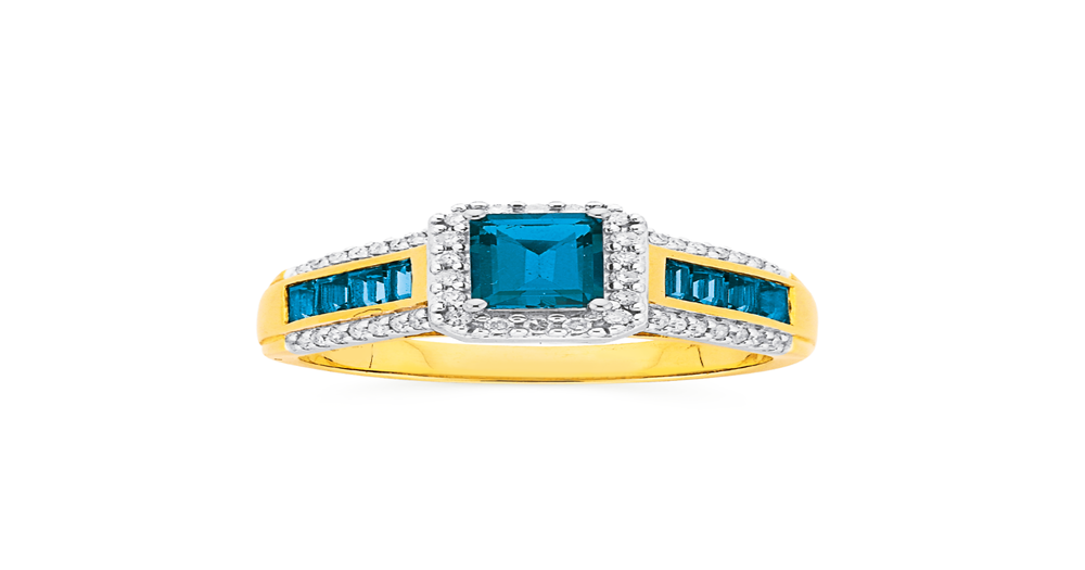 9ct Gold London Blue Topaz Diamond Ring in Blue Prouds