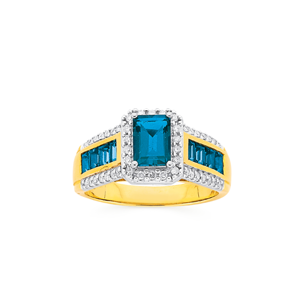 9ct Gold London Blue Topaz Diamond Ring in Blue Prouds