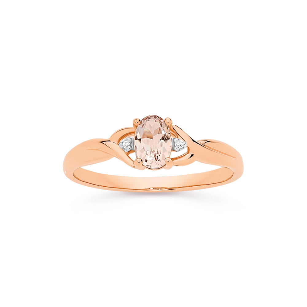 9ct Gold Morganite Diamond Oval Cut Twist Ring