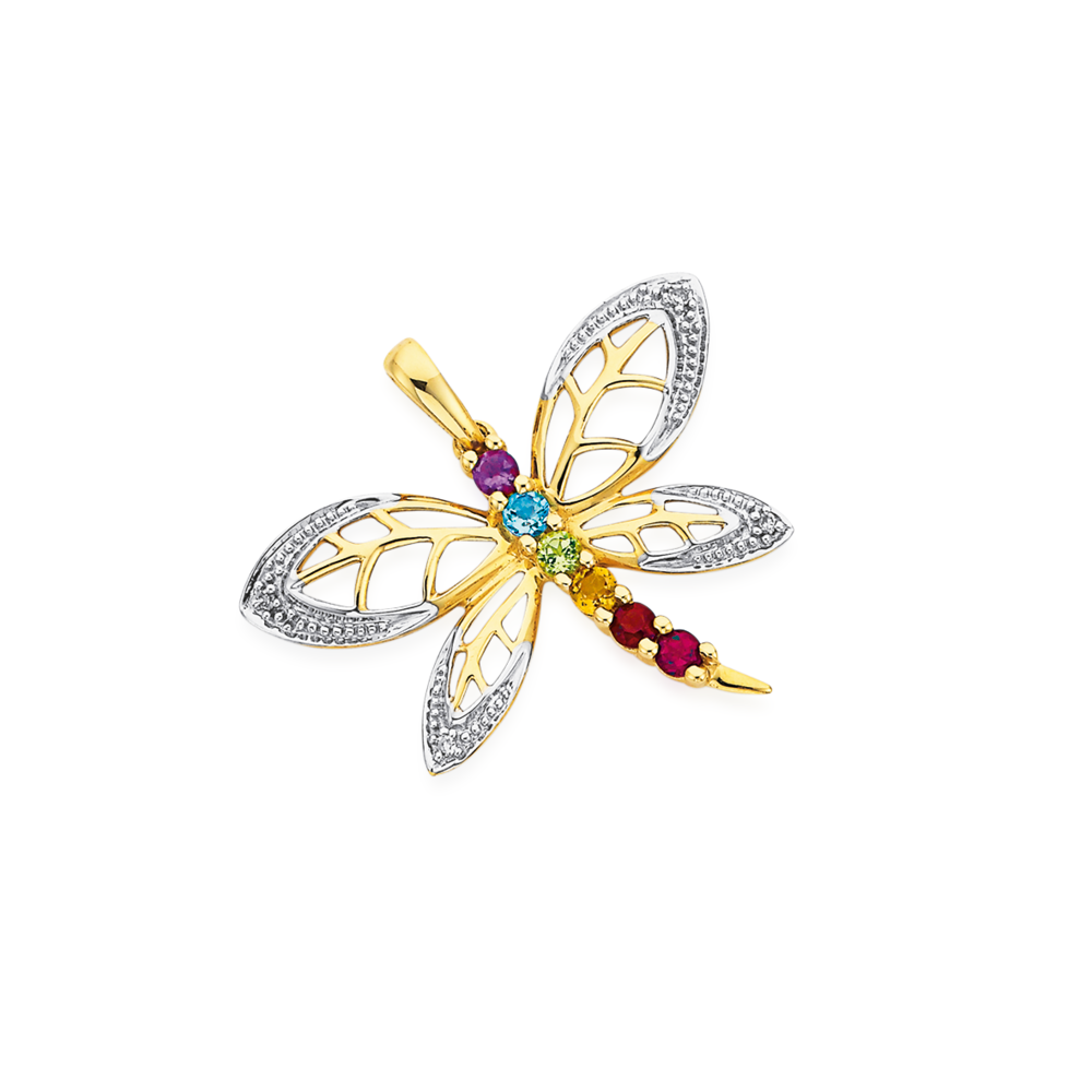 9ct Gold Multi Gemstone Diamond Dragonfly Pendant Prouds