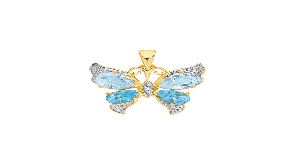 9ct Gold Multi Topaz & Diamond Butterfly Pendant in Blue Prouds