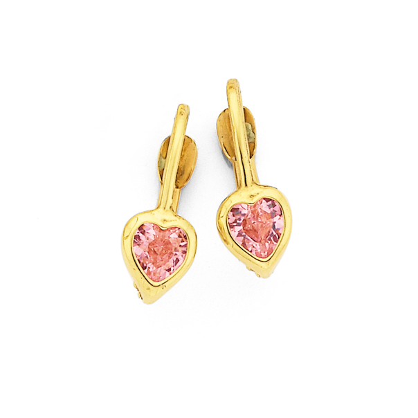 9ct Gold Pink Cubic Zirconia Heart Lever Back Earrings