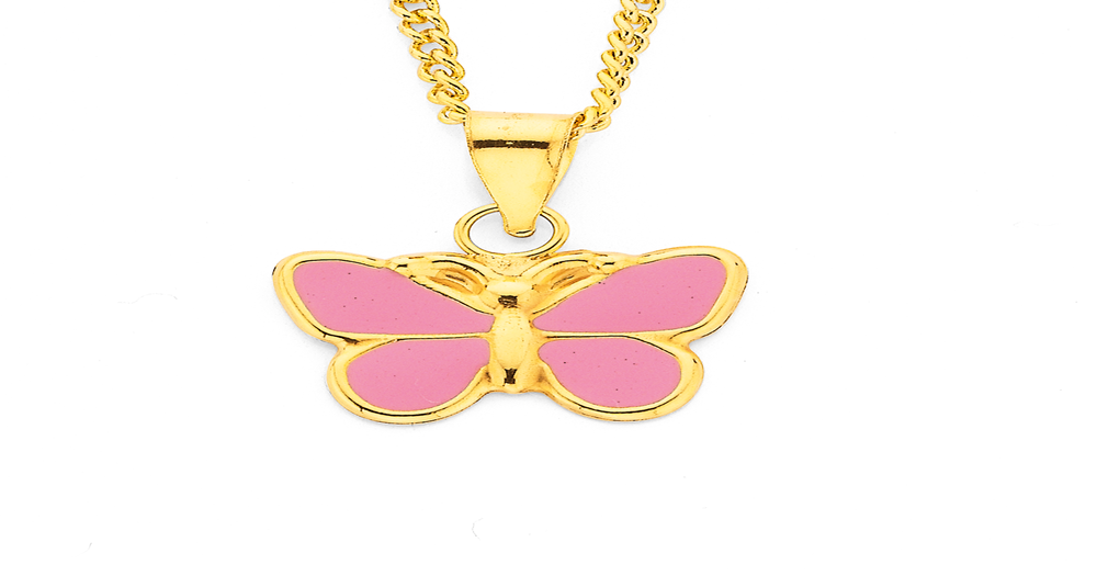 9ct Gold Pink Enamel Butterfly Pendant Prouds