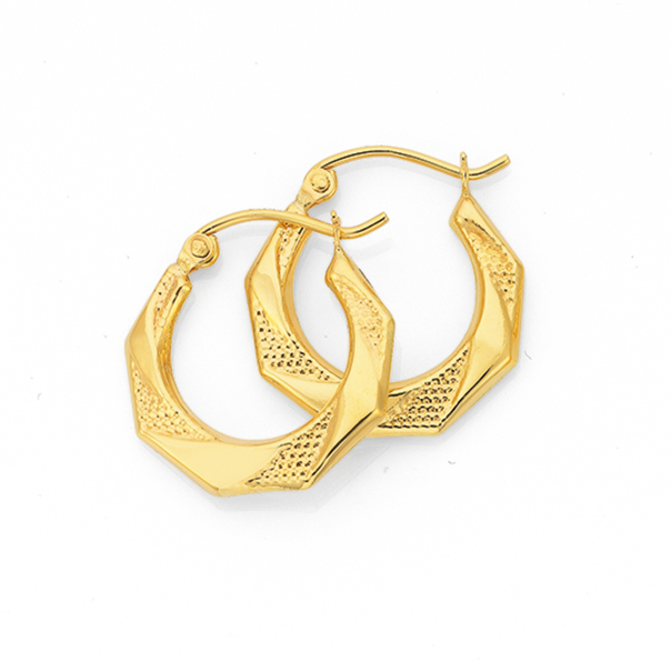 9ct Gold Pleated Hexagonal Creole Earrings