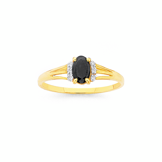 9ct Gold, Sapphire Diamond Oval Ring in Black Prouds