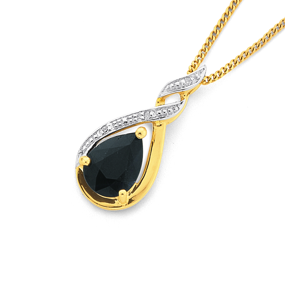 9ct Gold Sapphire Diamond Pendant in Black Prouds