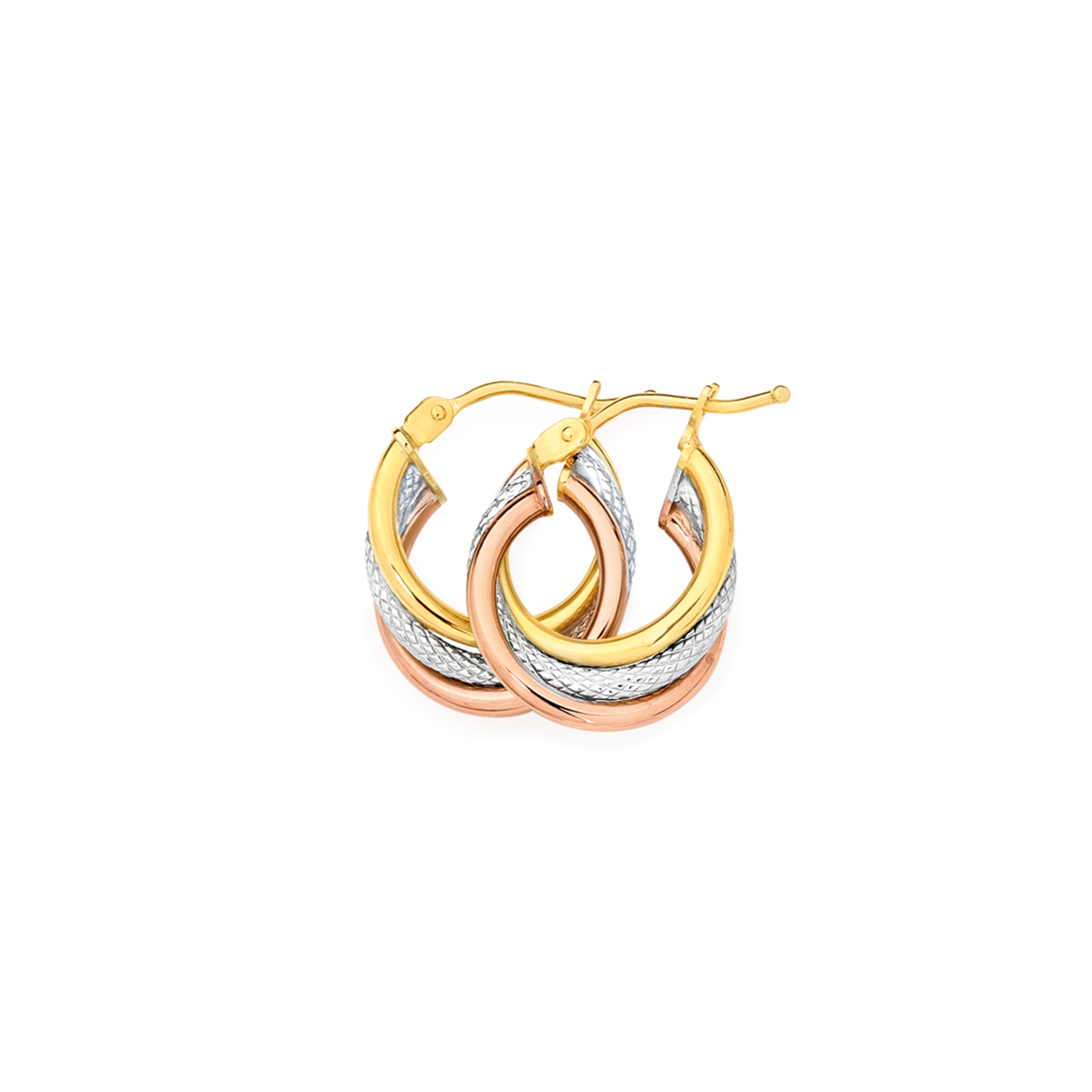9ct Gold Tri Tone 10mm Triple Hoop Earrings Prouds