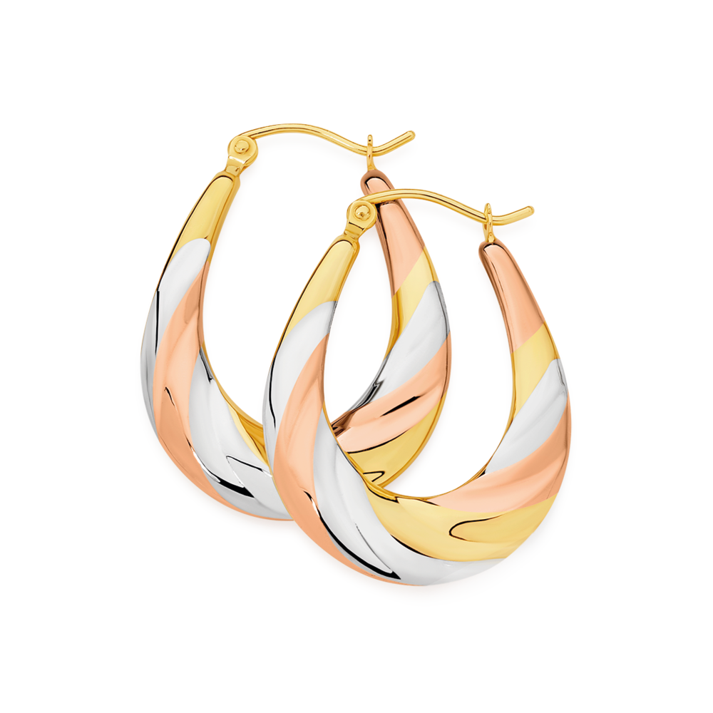 9ct Gold Tri Tone 12mm Long Oval Twist Creole Earrings Prouds