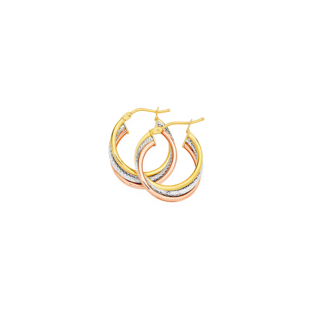 9ct Gold Tri Tone 15mm Plain & Pattern Hoop Earrings