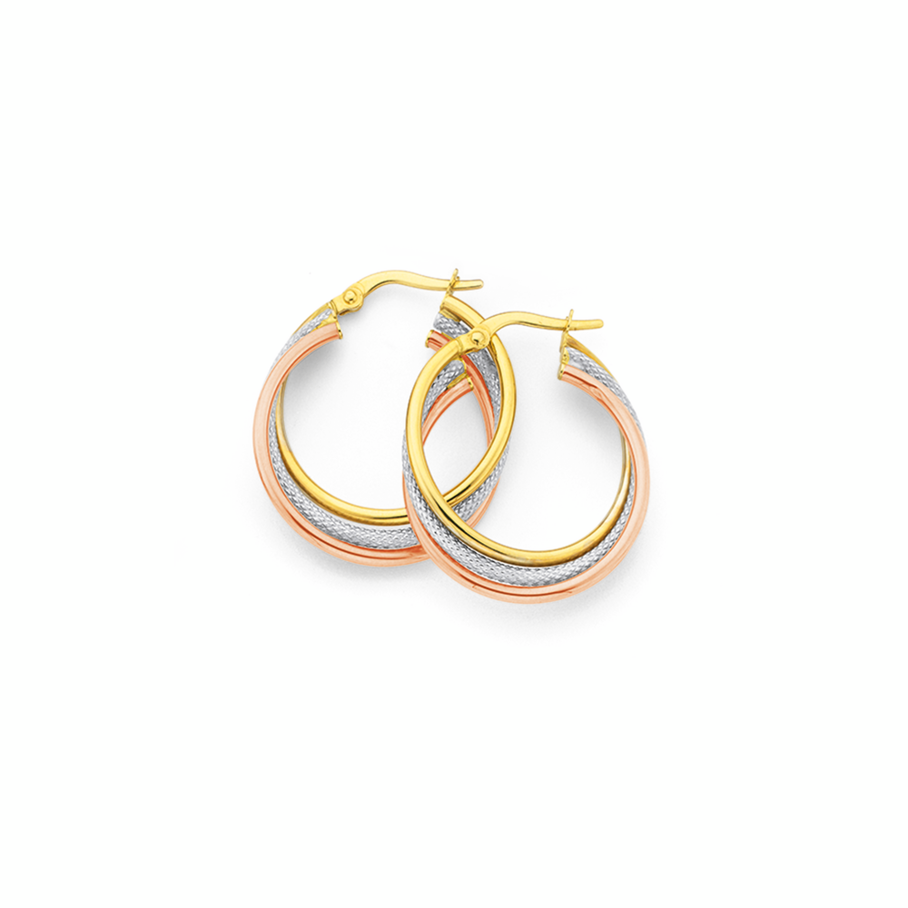 9ct Gold Tri Tone 20mm Plain & Pattern Triple Hoop Earrings