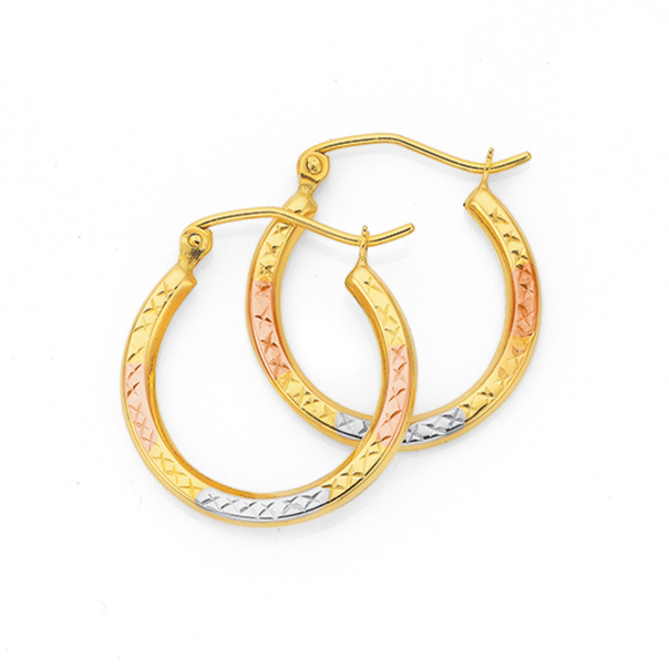 9ct Gold Tri Tone 2x15mm Diamond-cut Hoop Earrings