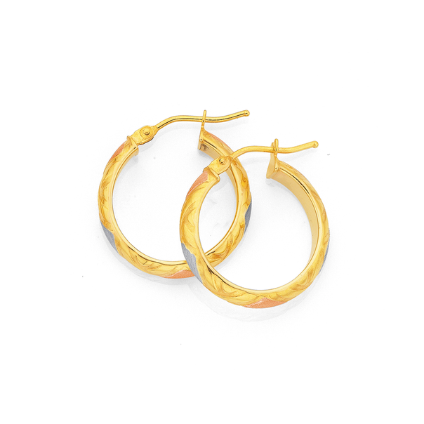 9ct Gold Tri Tone 4x15mm Hoop Earrings