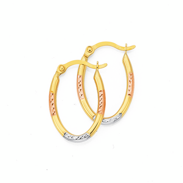 9CT GOLD TRI TONE DIAMOND-CUT STRIPED OVAL HOOP EARRINGS