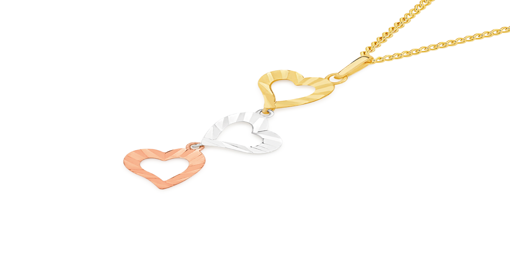 9ct Gold Tri Tone Diamond-cut Triple Heart Pendant Prouds