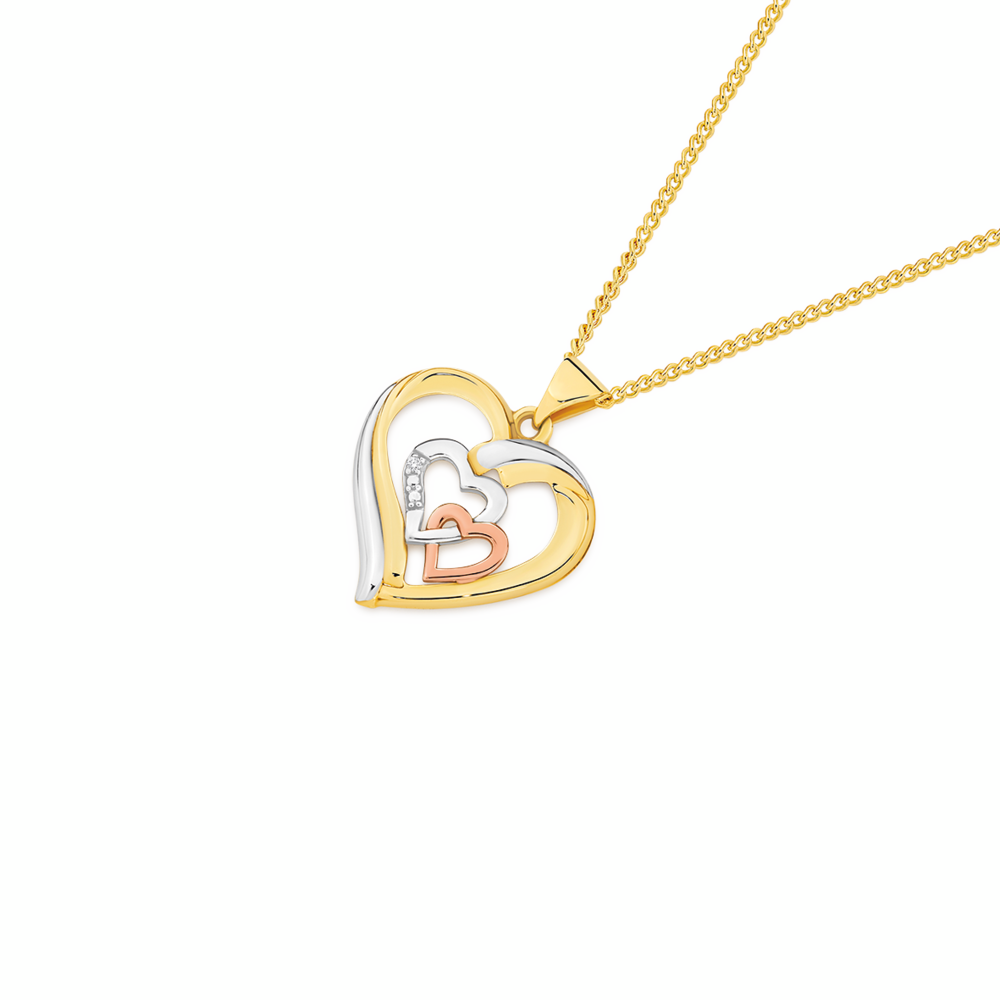 9ct Gold, Tri Tone Diamond Triple Heart Pendant