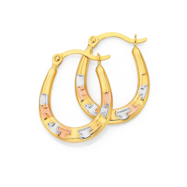 9ct Gold Tri Tone Greek Key Oval Creole Earrings