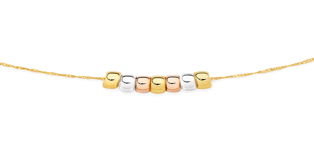 9ct Gold Tri Tone Medium 7 Lucky Rings On 45cm 9ct Gold Chain Prouds