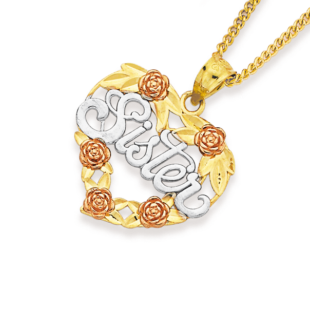 9ct Gold Tri Tone 'Sister' Heart Pendant