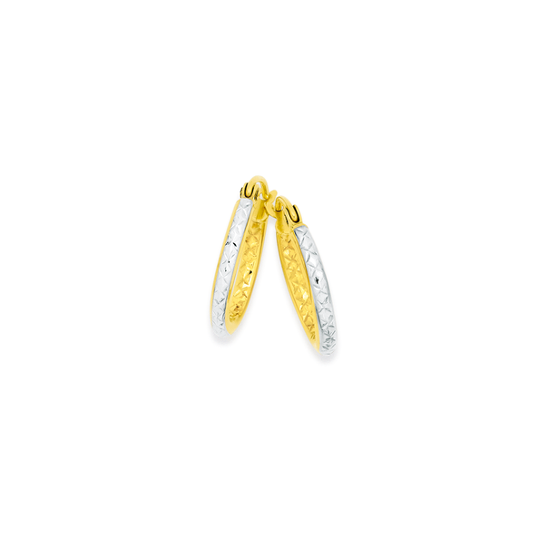 9ct Gold Two Tone 10mm Diamond-cut Hoop Earrings