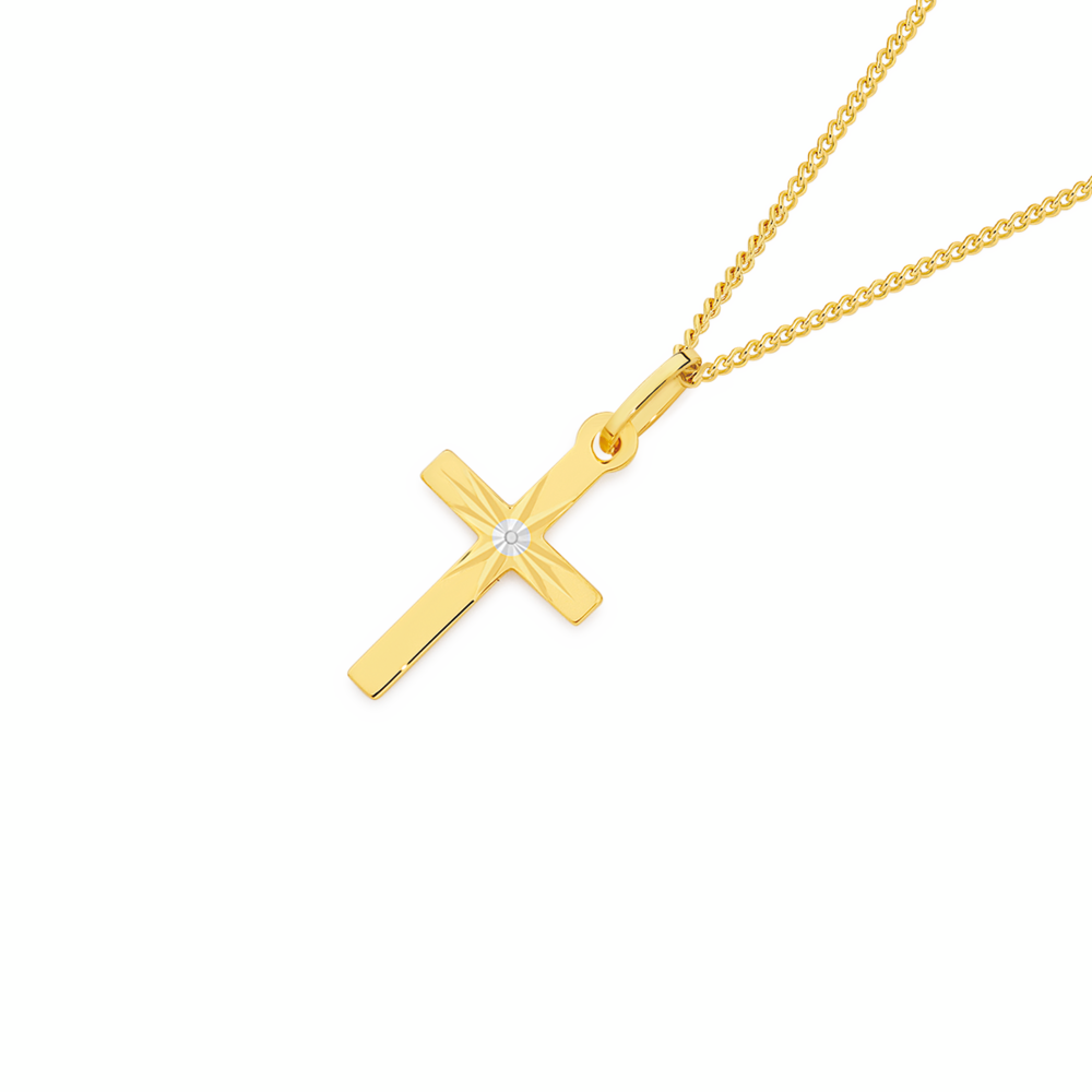 9ct Gold Two Tone 10mm Sunray Diamond-Cut Cross Pendant