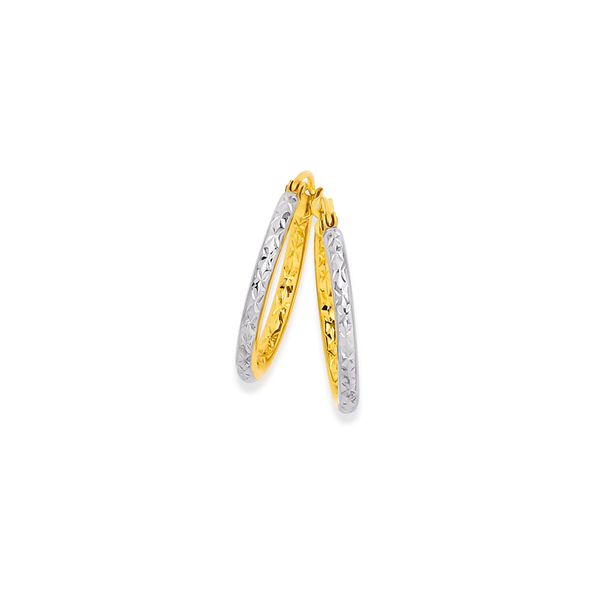 9ct Gold Two Tone 15mm Diamond-cut Hoop Earrings